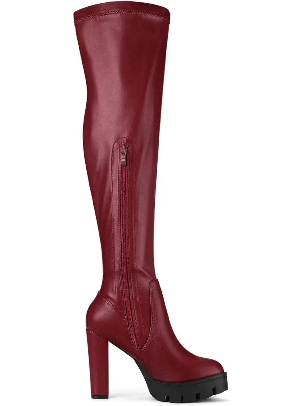 Women's Burgundy Round Toe Faux Leather Chunky Heel Over The Knee High Boots